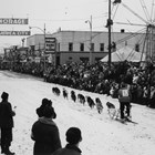 A view down 4th Avenue during the start of one of the dog races during Fur Rendezvous, ca. 1956, when Anchorage received an award as an All-America City and put up the banner that can be seen in this photograph.  On the right or southern side of 4th Avenue, a sign for Kennedy Hardware can be seen, although the Kennedy family no longer was associated with the store.  