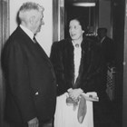 Austin E. "Cap" Lathrop with Miriam Dickey, his close business associate and the secretary-treasurer of the Midnight Sun Broadcasting Corporation, which he owned.  Photograph, ca. 1945-1950.