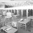 Interior view of the Z. J. Loussac Library shortly after it opened in 1955.  The library remained open until 1981, when it was demolished to make room for the William A. Egan Civic and Convention Center.  A new library was built off 36th Avenue in midtown Alaska that was also named the Z. J. Loussac Library.    